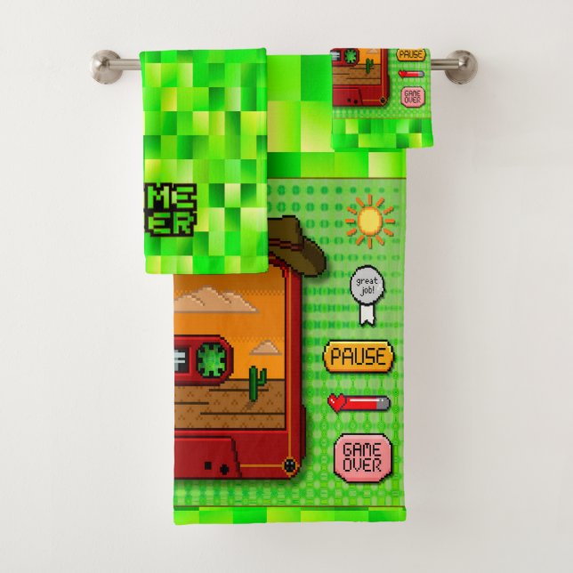 Pixel art denim set towels (In situ)