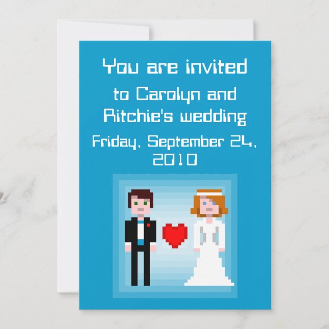 Pixel Bride y Groom - Invitación a la boda - Azul (Anverso)
