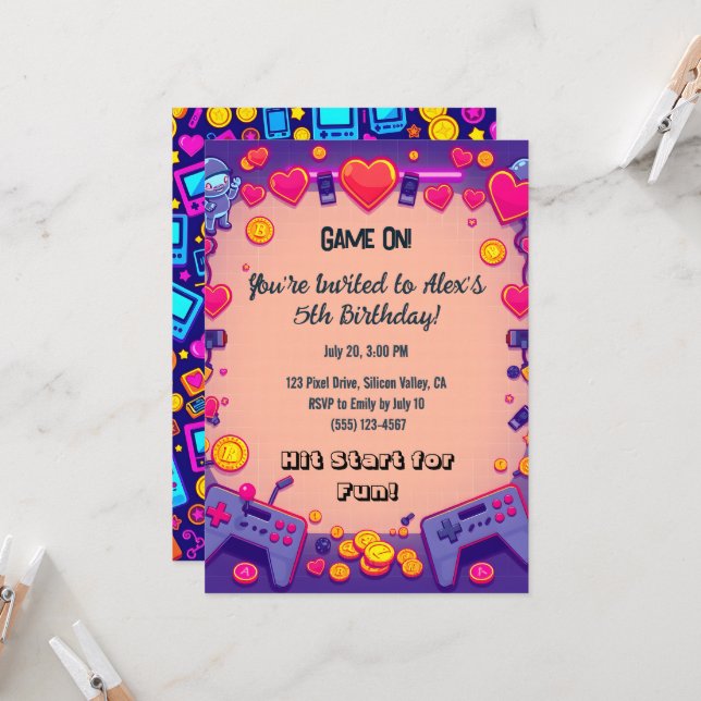 Pixel Fiesta Invitación de cumpleaños Tema Retro G (Anverso/Reverso In Situ)