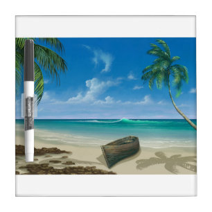 Pizarra Blanca Barco en la isla de la playa de arena tropical