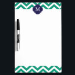 Pizarra Blanca Monograma del patrón de zigzags verdes y azules de<br><div class="desc">Patrón de chevrones modernos y de moda y monograma dentro de un marco en forma de quatrefoil.</div>