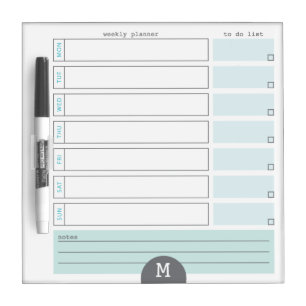 Pizarra Blanca Monograma semanal Planner Verde azulado