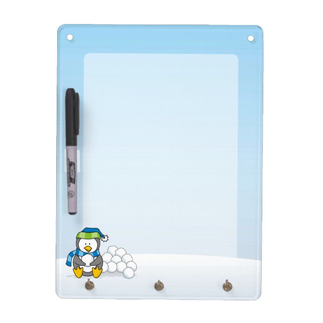 Pizarra Blanca Pingüino pequeño sentado con bolas de nieve (Frente)