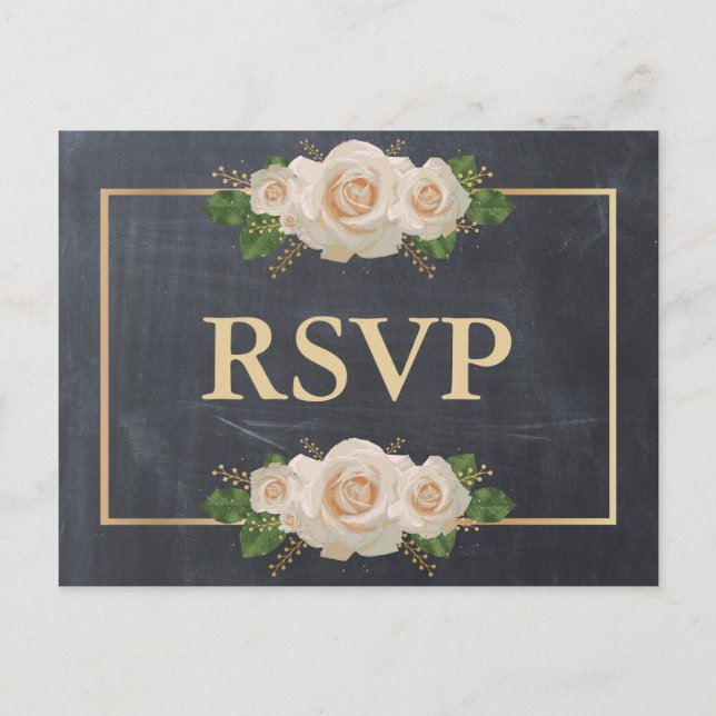 Pizarra Tarjeta de RSVP Comida con Rosa Blanca y M (Anverso)