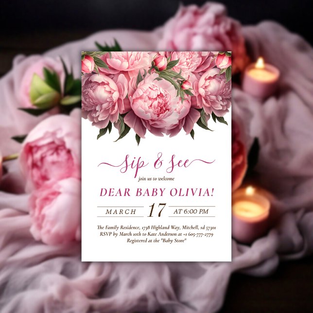 Pizarras de color rosado y ver invitación (Pink Peonies Watercolor Sip and See Invitation)