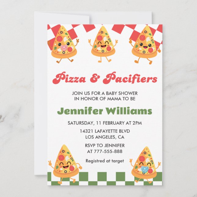 Pizza Baby Shower Invitaciones Pizza y Pacificador (Anverso)