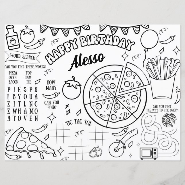 Pizza Cumpleaños Fiesta de Colores Página Placemat (Anverso)
