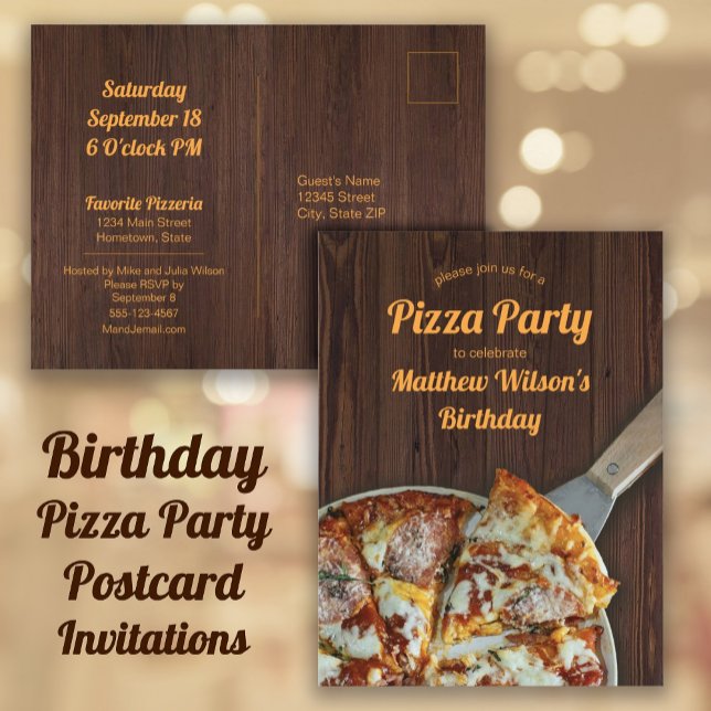 Pizza Fiesta de cumpleaños postal de madera rústic (Birthday Pizza Party Invitations for a child, teen, or adult birthday party.)