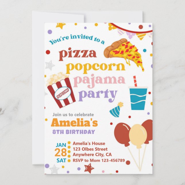 Pizza Popcorn y Pajamas Invitación al cumpleaños (Anverso)