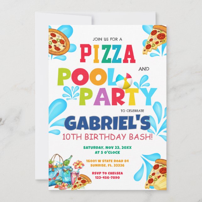 Pizza y Fiesta de la piscina Invitación al cumplea (Anverso)