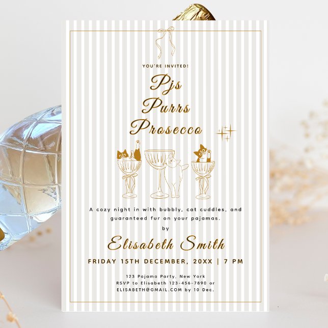 PJs, Ronroneos y Prosecco Invitación a la Fiesta d (PJs, Purrs & Prosecco Cat Pajama Party Invitation)