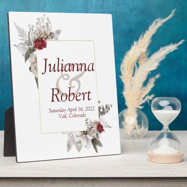 Placa boda floral de color rojo y niebla (Lado)