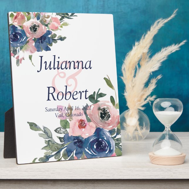 Placa boda floral de color rosa y azul (Lado)
