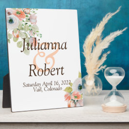 Placa de boda floral acuarela rosa y azul