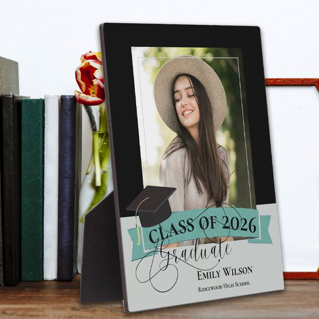 Placa de foto de graduación con marco negro (Black Frame Graduation Photo Plaque – Class of 2026 Personalized Keepsake)