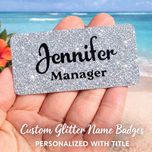Placa de identificación con brillo de plata PIN o  (Personalized Silver Glitter Work Badge)