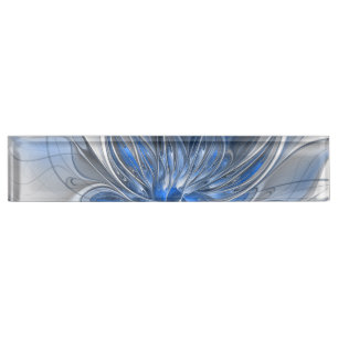 Placa De Nombre Abstracto Flor de arte fractal de color gris azul