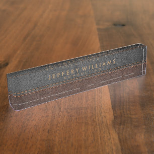 Placa De Nombre Acentos marrones de cuero negro masculino