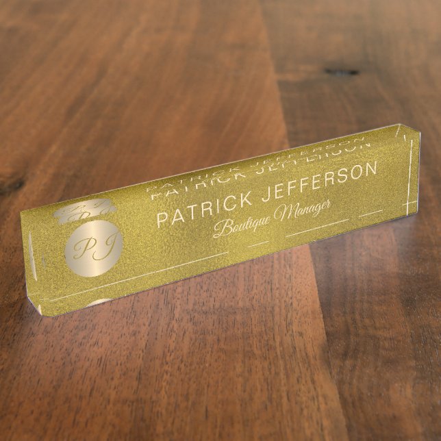 Placa De Nombre Acero purpurina dorado elegante de lujo monogramad (Lateral)