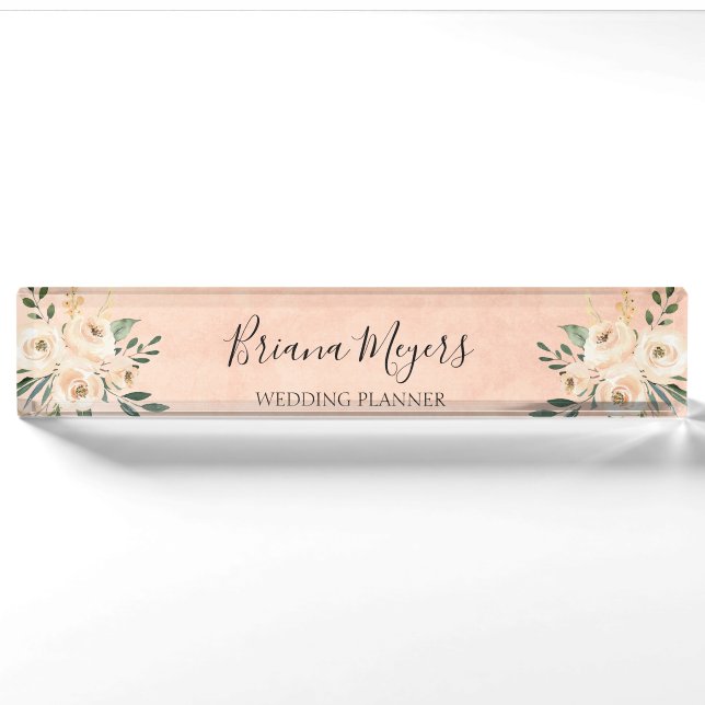 Placa De Nombre Acrílico Moderno de Acuarela Rosado Hydrangeas Mel (Anverso)