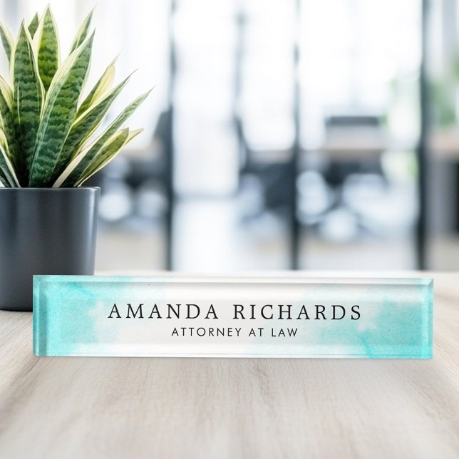 Placa De Nombre Acuarela azul (Aqua blue watercolor desk name plate)