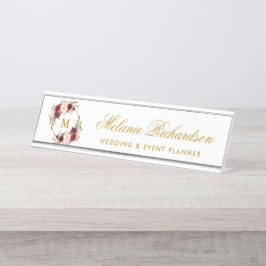 Placa De Nombre Acuarela Burgundy Floral Wreath Gold Monograma