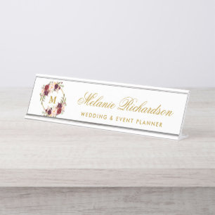 Placa De Nombre Acuarela Burgundy Floral Wreath Gold Monograma