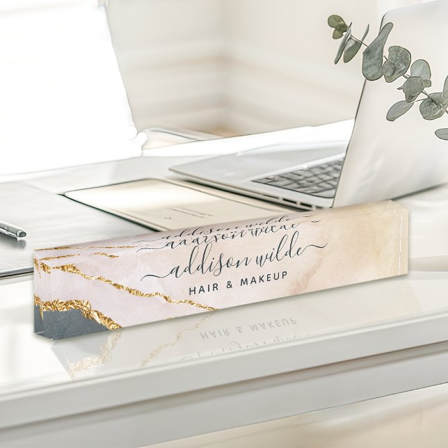 Placa De Nombre Acuarela Rosada Black Gold Marble Business (Subido por el creador)