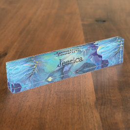 Placa De Nombre Acuario de color a mano Floral Aqua y Blues