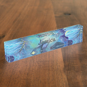 Placa De Nombre Acuario de color a mano Floral Aqua y Blues