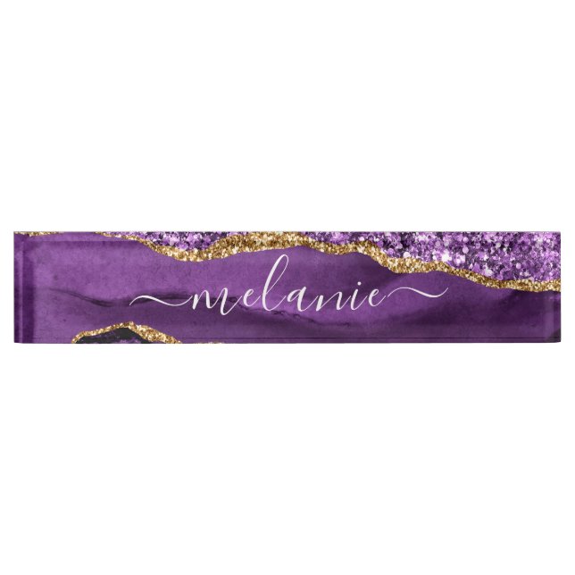 Placa De Nombre Agate Purple Gold Purpurina Personalizado de escri (Anverso)
