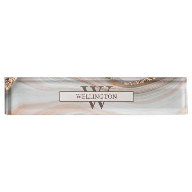 Placa De Nombre Agate Stone Marble Monograma Nombre (Anverso)