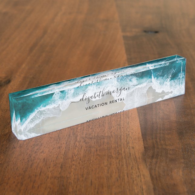 Placa De Nombre Alquiler elegante de vacaciones de Aqua Blue Green (Lateral)