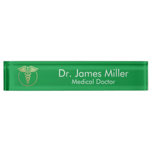 Placa De Nombre Añadir su nombre Símbolo médico del Caduceo Verde