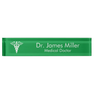 Placa De Nombre Añadir su nombre Símbolo médico del Caduceo Verde