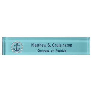 Placa De Nombre Ancla en cuerda en náutico personalizada azul