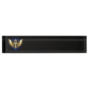 Placa De Nombre Ankh de oro con alas