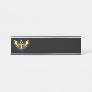 Placa De Nombre Ankh de oro con alas
