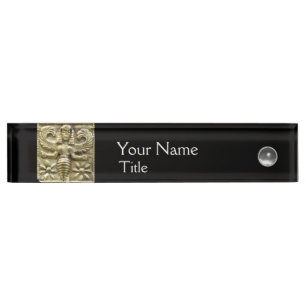 Placa De Nombre ANTIQUE GREEK HONEY BEE GODDESS Negro, Gema Blanco