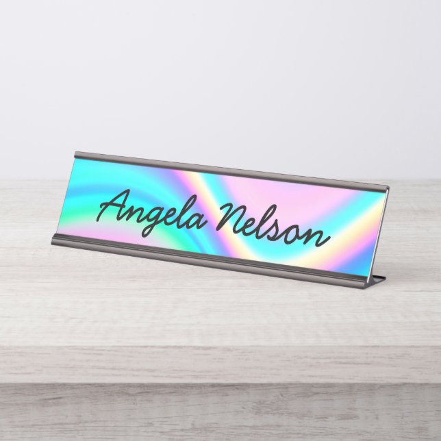 Placa De Nombre Aqua Pink Iridescent Rainbow Wave (Anverso)