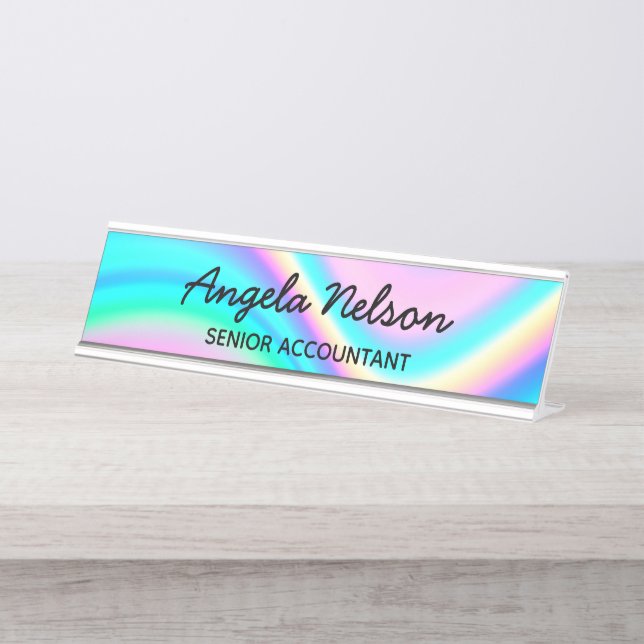Placa De Nombre Aqua Pink Iridescent Rainbow Wave Ombre (Anverso)