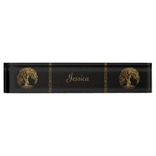 Placa De Nombre Árbol de Mehndi de la vida (oro) (alheña)
