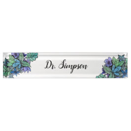 Placa De Nombre Arte floral azul y verde del watercolour