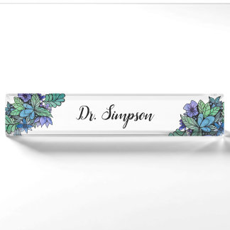 Placa De Nombre Arte floral azul y verde del watercolour