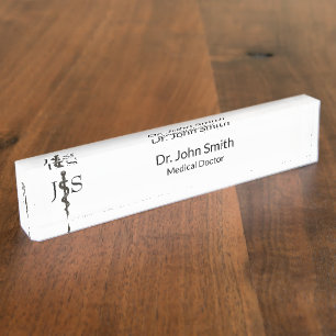 Placa De Nombre Asclepiro médico simple profesional blanco negro