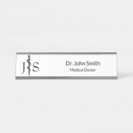 Placa De Nombre Asclepiro simple médico profesional Blanco negro