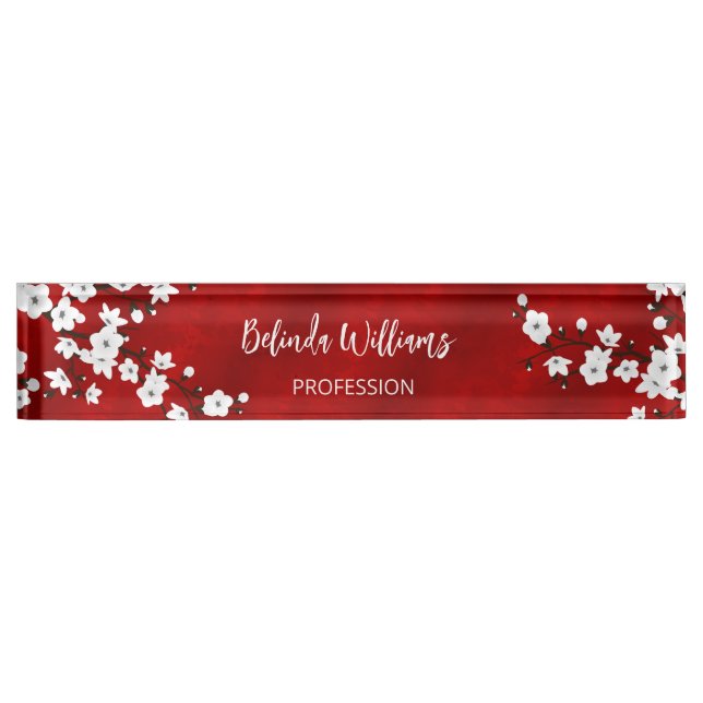 Placa De Nombre Asia Floral White Cherry Blossom Red Salon (Anverso)