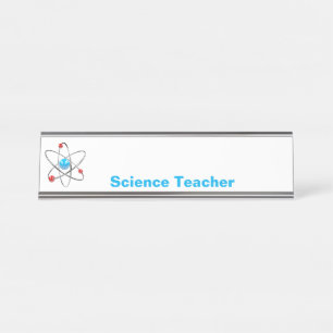 Placa De Nombre átomo 3D con profesor de ciencias del núcleo azu