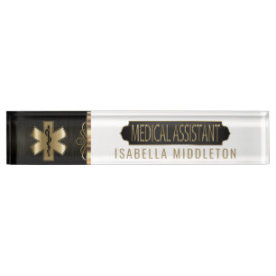 Placa De Nombre Auxiliar médico - negro, blanco y oro