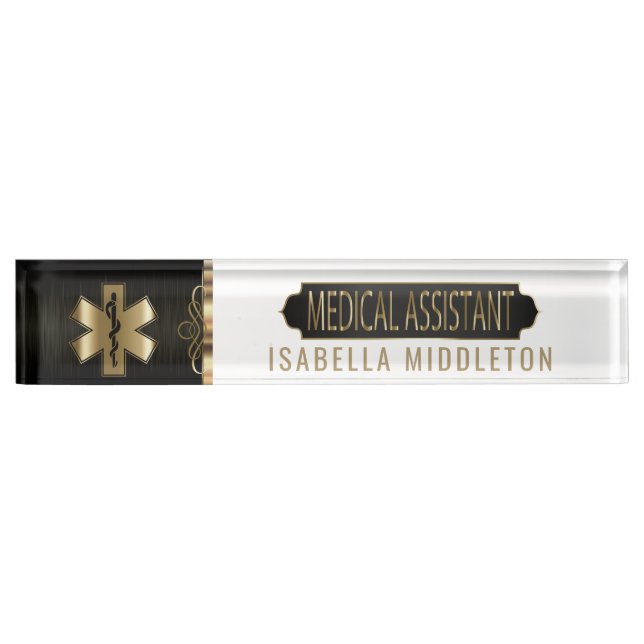Placa De Nombre Auxiliar médico - negro, blanco y oro (Anverso)